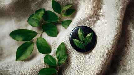Realistic black badge pin resting on beige linen with scattered fresh green leaves