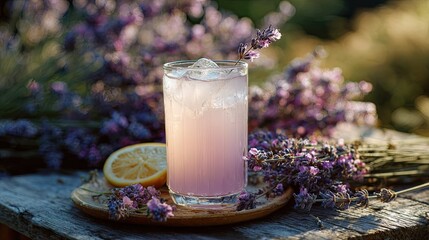 Lavender lemonade in glass, ice, lemon slice, surrounded by lavender