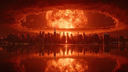 Apocalyptic cityscape, nuclear explosion, fiery cloud over New York City