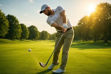 Photorealistic male golfer mid-swing launching ball across sunlit green. Concept of summer sport, focus, technique, precision, and elite golf performance.