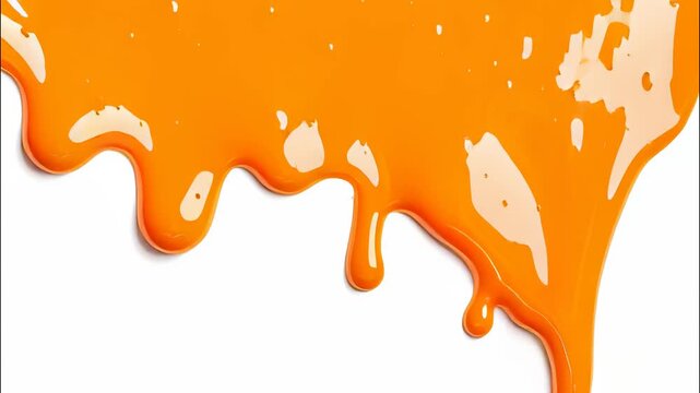 Thick orange paint dripping down of white wall, creating an abstract pattern a flowing lines and drops video 4k
