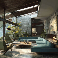 Naklejka premium mid-century modern interior of the house, wood panel walls, earthy color palette, large windows with nature view, minimalist decor, warm lighting, vintage furniture.