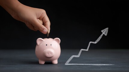 A hand is putting coins into a pink piggy bank
