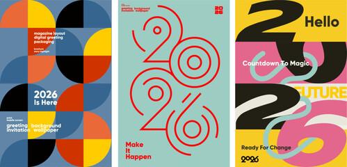 Vibrant and modern 2026 posters with geometric patterns, bold typography, and inspirational slogans for greetings, backgrounds, packaging, and creative digital use.
