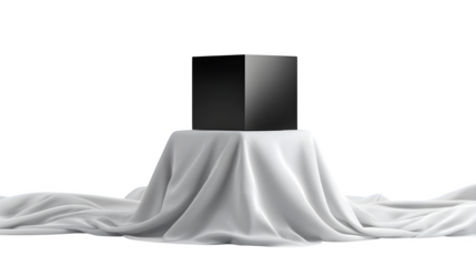 Black Cube Hovering Over White Draped Fabric