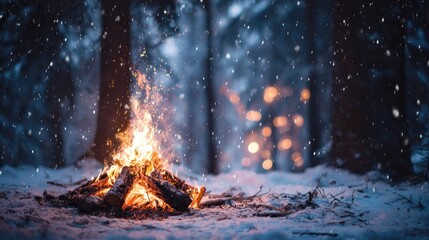 Snowfall, fire, winter forest