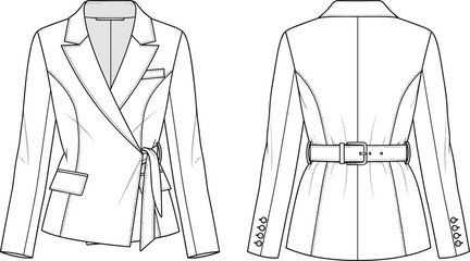 Women belted blazer jacket technical fashion flat sketch front and back view, formal wear cad drawing flat vector illustration