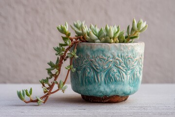 Succulent in teal ceramic pot