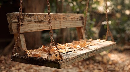 Weathered wooden swing, autumn leaves