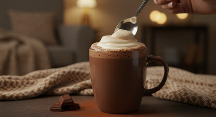 Steaming hot cocoa with whipped cream and spoon, cozy indoor setup.