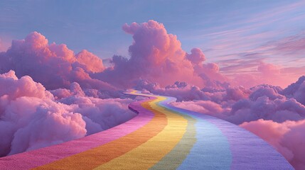Rainbow path through pink clouds at sunset