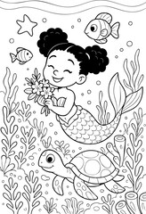 coloring page of a smiling mermaid girl holding flowers underwater with sea turtle, fish, starfish and coral reef, magical ocean scene for kids
