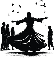 Black-and-White Vector Illustration of Ritual Dance with Audience & Birds – 1-Item Human Performance Silhouette