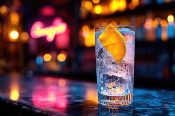 G&T cocktail on a bar top, lit by neon