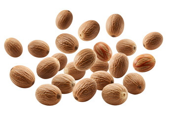 Nutmeg falling isolated on white or transparent background. PNG
