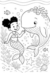 coloring page of a smiling mermaid girl meeting a friendly whale underwater, surrounded by coral, starfish, seashells and fish in a magical ocean scene for kids
