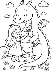 coloring page of a little princess hugging a friendly dragon holding a flower and a book, heartwarming fairy tale scene for kids with cute cartoon style
