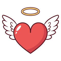 Red heart with white wings and golden halo illustration vector