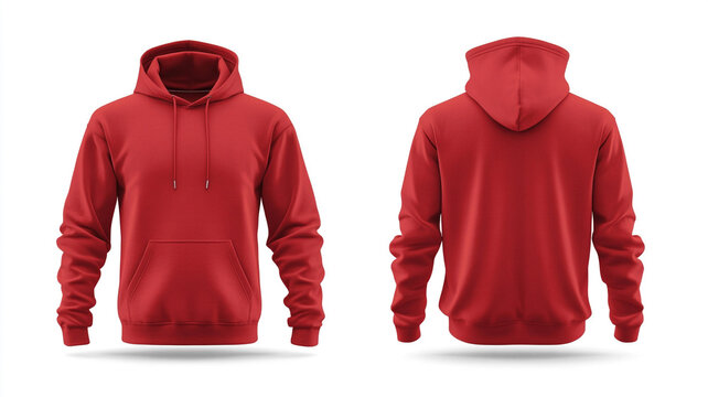 Set of red hoodies with front and back view isolated on white background