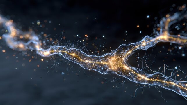 Dynamic neural pathway simulation with flashing white patches highlighting demyelination caused by multiple sclerosis.