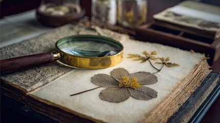 Aged book, pressed flower, magnifying glass