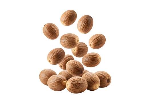 Nutmeg falling isolated on white or transparent background. PNG