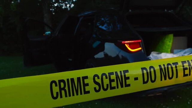 Close up or closeup of a yellow vibrant colored Crime Scene Do Not Enter police tape ribbon pulled in front of a crashed black sedane car vehicle in a evening forest, car indicator lights are blinking