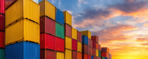 Fototapeta premium Colorful shipping containers stacked outdoors under a vibrant sunset sky.