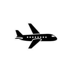 Sleek black silhouette of a modern jet airplane in flight, representing travel and adventure