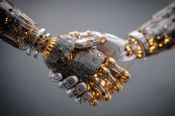 Close-up of two robotic hands shaking