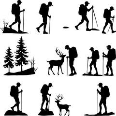 Obraz premium Hikers in Various Walking and Climbing Poses – Hiking, Trekking Adventure Bundle