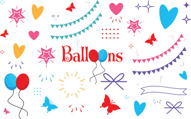 Birthday doodle icon element. Hand drawn sketch doodle birthday cake, balloon, event decoration element. Party, carnival celebration concept background.