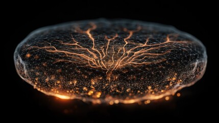 Naklejka premium Orange veins illuminate a circular mycelium structure, showcasing its potential for insulation and durability in construction, against a black background