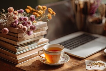 Books, tea, laptop, dried flowers on a wooden table
