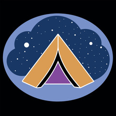 Starry night sky over a quiet camping tent in nature scene colour Art Vector illustration