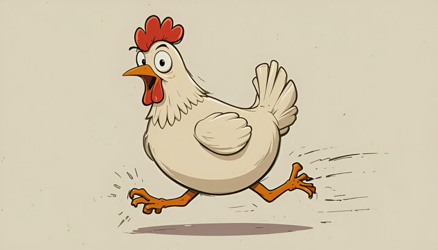 Funny cartoon chicken running with surprised expression