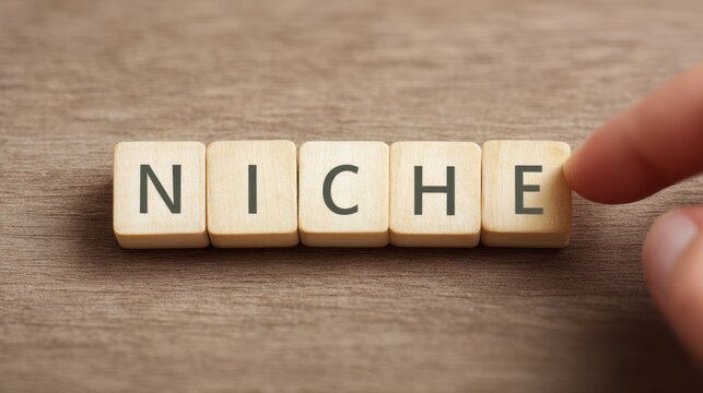 A hand is touching the letters N, I, C, H, E on a wooden block