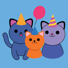 Group of cartoon cats from various breeds in cheerful scene colour Art Vector illustration