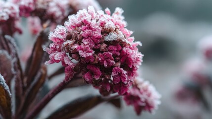 Frozen pink flower cluster close-up