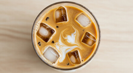 Obraz premium Perfectly blended iced coffee with golden cream tones, top view.