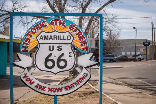 Amarillo, TX, US-December 3, 2022: Sign for the Historic 6th Street District and US Route 66.