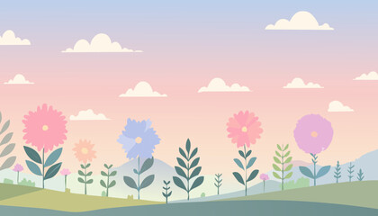 Fototapeta premium Blooming flower meadow with pastel sky and minimalist plant shapes