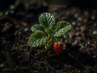 Close-up photo of a strawberry bush with one berry on a black soil background
