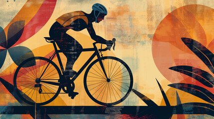 Naklejka premium Stylish Silhouette of Cyclist Riding Road Bike at Sunset, Abstract Art, Vintage Tones