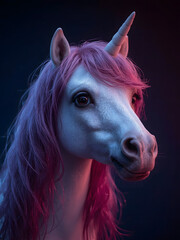 3d image of a unicorn portrait in neon pink and blue