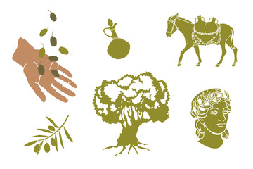 olive tree, hand with olives,  head of an antique statue, olive tree branche, donkey carrying amphoras, mediterranean aesthetic for olive oil products branding and packaging