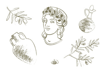 Hand-drawn vector illustration of olive branches, amphora, oil jug and classical greek women bust, mediterranean aesthetic for olive oil products branding and packaging