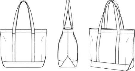 Tote bag technical flat sketch, front, side and back views with long handles, structured base, clean stitching, CAD vector drawing
