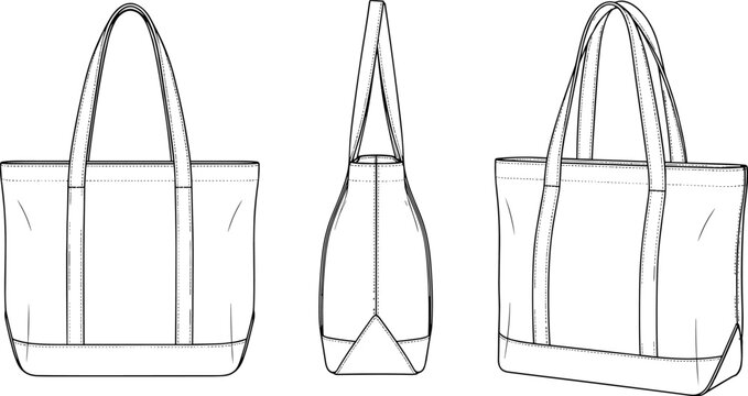 Tote bag technical flat sketch, front, side and back views with long handles, structured base, clean stitching, CAD vector drawing