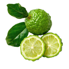 A whole bergamot citrus fruit with leaves and slices on transparent background